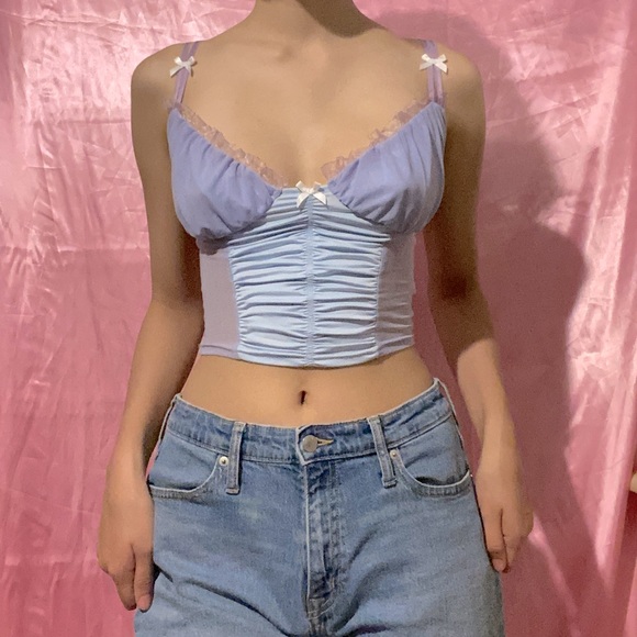 Y2K Periwinkle & Blue Lace Bow Crop Top - Picture 1 of 3